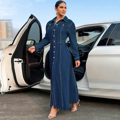Denim Dress Women Long Dresses Spring Turn Down Collar Elegant Work Splice Vestidos Single Breasted A Line Y2k Tops Streetwear