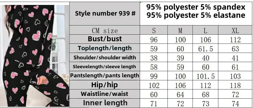 Sleepwear Women's Black Love Print Long Sleeve Trousers Student Loungewear Pajama Set Girl O-Neck Fashion Soft Casual Nightwear