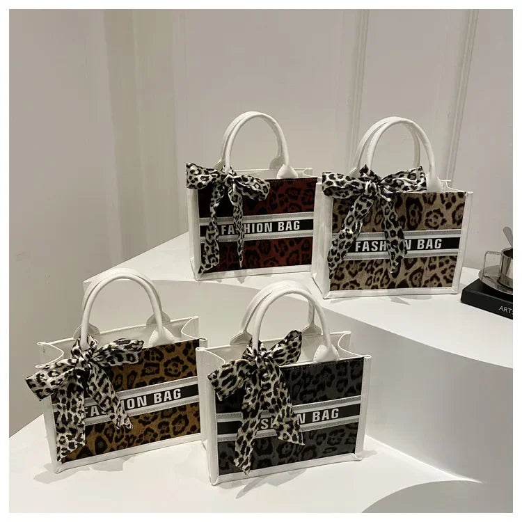 Fashion Leopard Print Top-handle Bags For Women, Bow Ribbon Decoration Designer Handbags Ladies Casual Tote