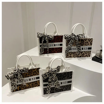 Fashion Leopard Print Top-handle Bags For Women, Bow Ribbon Decoration Designer Handbags Ladies Casual Tote
