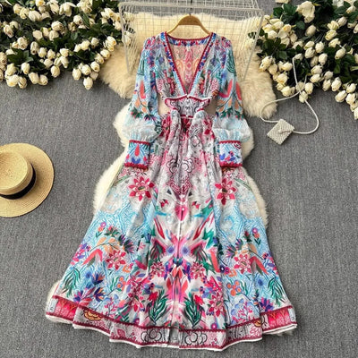 Summer Gorgeous Flower Dress Women Chiffon Clothing Sexy Deep V Neck Single Breasted Floral Print Beach Boho Long Robe Vestidos