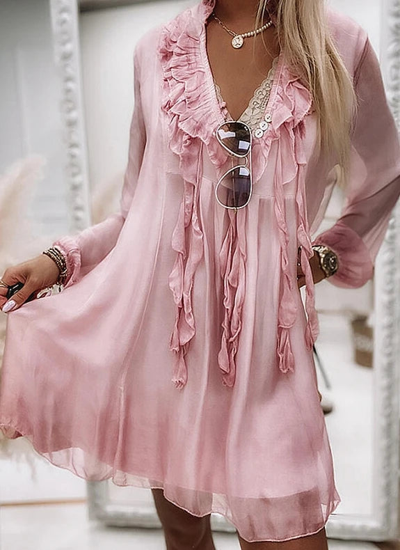 Summer Beach Dresses for Women Chiffon Ruffles Tassel Tie Up Lantern Sleeve Sexy V-Neck Loose Fit Holiday Party Dres Vestidos