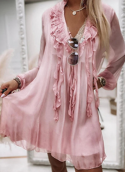 Summer Beach Dresses for Women Chiffon Ruffles Tassel Tie Up Lantern Sleeve Sexy V-Neck Loose Fit Holiday Party Dres Vestidos
