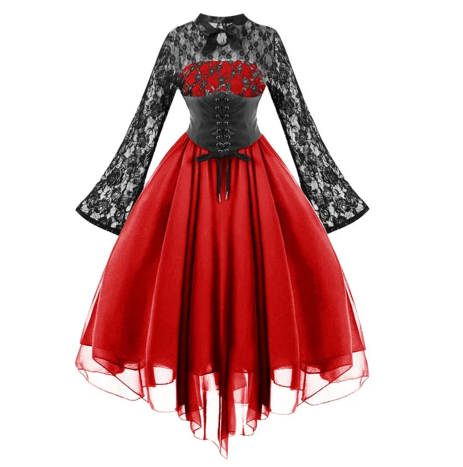 Renaissance Court Gown Victorian Medieval Costume Women Halloween Cosplay Full Sleeve Lace Dress Birthday Party Princess Suit