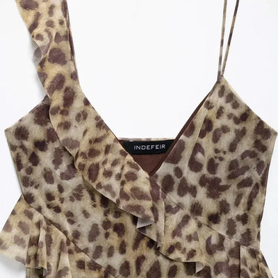 TRAF Leopard Crop Tops For Women Ruffle Sleeveless Printed Tops Summer Backless Tulle Camisole Top Woman Sexy Asymmetrical Top
