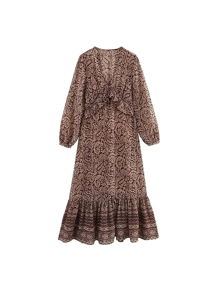 Women Summer MIDI Dress 2025 Vintage Print Chiffon V-Neck Cascading Ruffle Bow Female Elegant Street Dresses Clothing