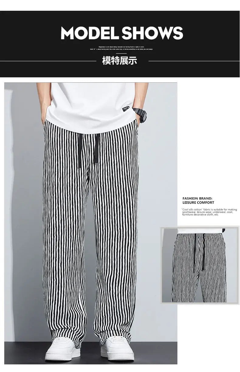 New Men's Trousers with a Sense Design Featuring Unique Stripe Pattern Hanging Wide-leg Loose Straight Casual Long Pants