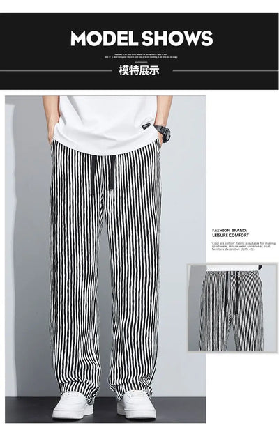 New Men's Trousers with a Sense Design Featuring Unique Stripe Pattern Hanging Wide-leg Loose Straight Casual Long Pants