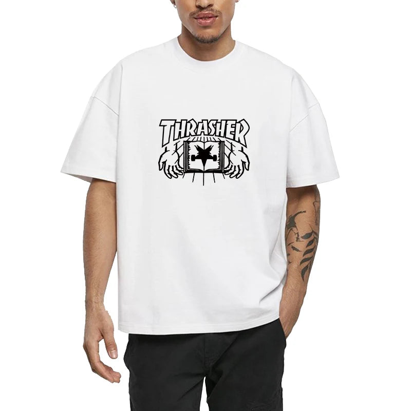 T-shirts for Men Personalized T-Thrashers Y2k Clothing High Quality Summer Tops Vintage Streetwear Short Sleeve Tee White