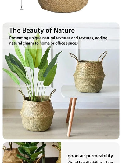Wicker Basket Toy Organizer Folding Rattan Seagrass Storage Basket Laundry Woven Basket Plant Flower Pot For Home Garden