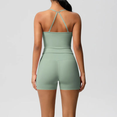2PCS Sportswear With Pocketed Yoga Set Gym Clothes Yoga Suits For Women Tracksuits Sports Shorts Crossover Bra Gym Leggings