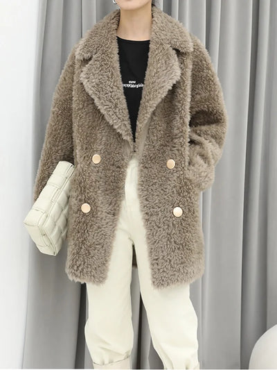 MENINA BONITA 2025 New  Luxury Winter Jacket Women's Coat Double-breasted Woven Real Natural Wool Fur Lapel Warm Loose Outerwear