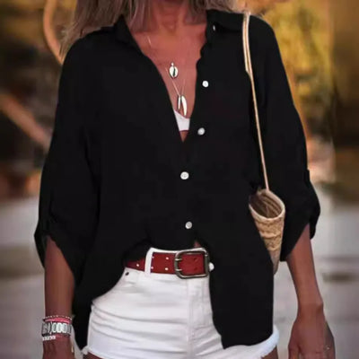 Women Cotton Linen Blouse Shirt Summer Female Turn Down Collar Three Quarter Loose Blouse Tops Woman shirts & blouses