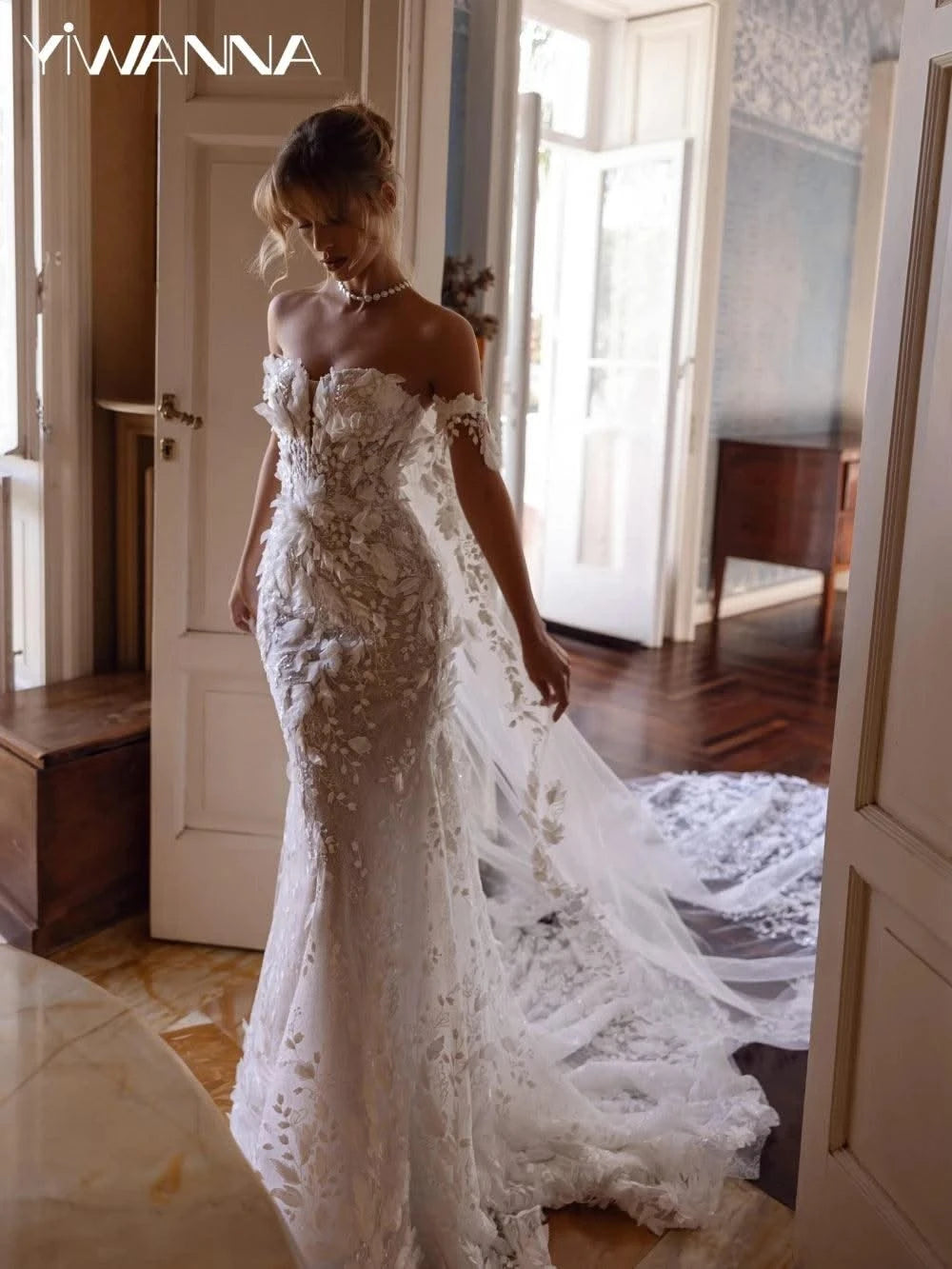 Shiny 3D Flower Wedding Dress With Train Mermaid Long Bridal Gown