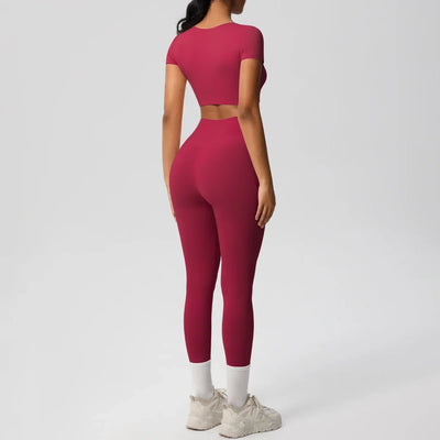 Yoga Set 2 Pieces Women Tracksuits Workout Sportswear Gym Clothing Fitness Short Sleeve With Padded High Waist Leggings Suits