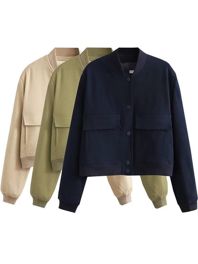 Women Fashion Solid Bomber Jackets Coat With Pockets V-Neck Single Breasted