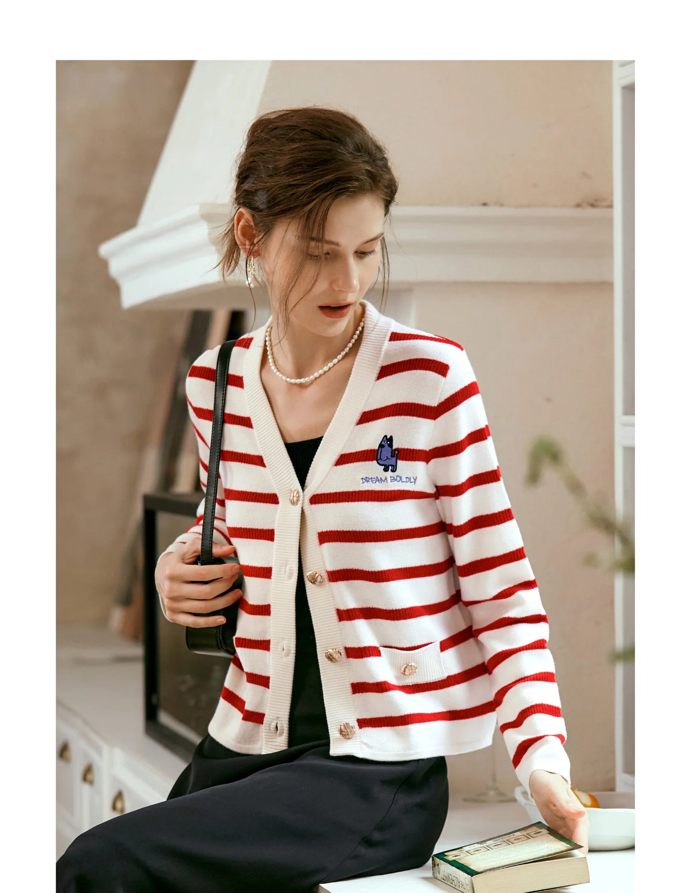 OLrain Wool Blend Striped Cardigan Women 2025 Spring Commute Embroidery V Neck Long Sleeve Chic Button Knitwear M56QZ86390
