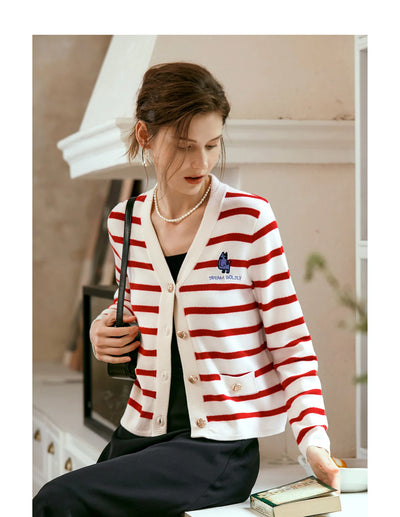 OLrain Wool Blend Striped Cardigan Women 2025 Spring Commute Embroidery V Neck Long Sleeve Chic Button Knitwear M56QZ86390