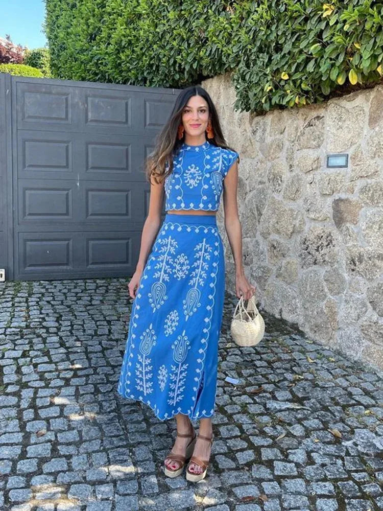 Cotton Linen Print Top Skirt Two Piece Set Women Shoulder Padded Sleeveless Crop Top Lace Up Skirt Suit Lady Summer Beach Outfit
