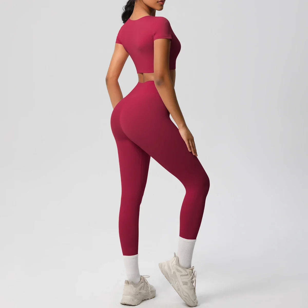 Yoga Set 2 Pieces Women Tracksuits Workout Sportswear Gym Clothing Fitness Short Sleeve With Padded High Waist Leggings Suits