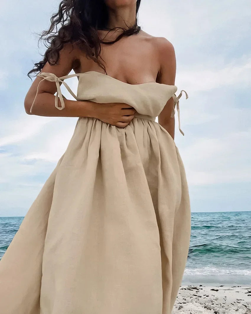 Cotton Linen Solid Color Spaghetti Strap Dresses Women Fashion Leace-up V-neck Backless Beach Vacation Long Dress Female New