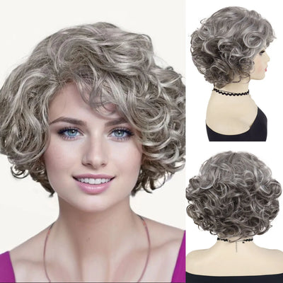 Short Curly Wigs for Women Synthetic Hair Grey Wig with Side Bangs Ombre Color Gray Wigs for Lady Dress Up Costume Party Cosplay
