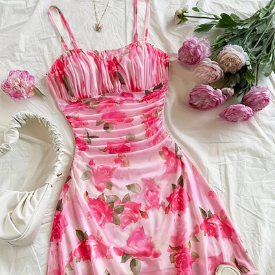 New French Floral Slip Dress for Women Spring Summer Sexy Temperament Backless Mini Dresses Vacation Style Sling Beach Skirt