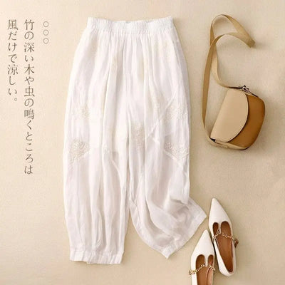 Cotton and Linen Harem Women Summer Vintage Embroidery Lightweight Breathable Lantern Pants