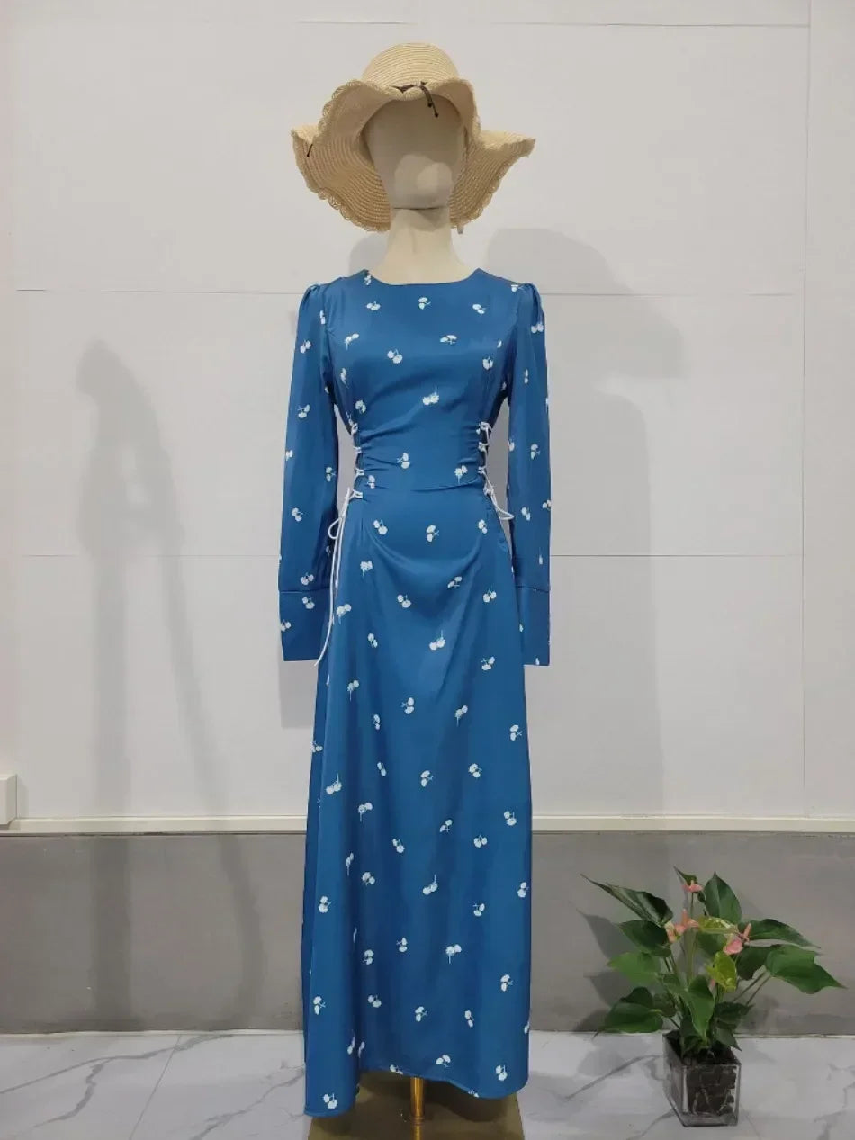 Elegant Dresses for Women 2025 Spring Summer New Long Sleeve O Neck Dress Fashionable Slim Fit Lace Up Lower Back Evening Dress