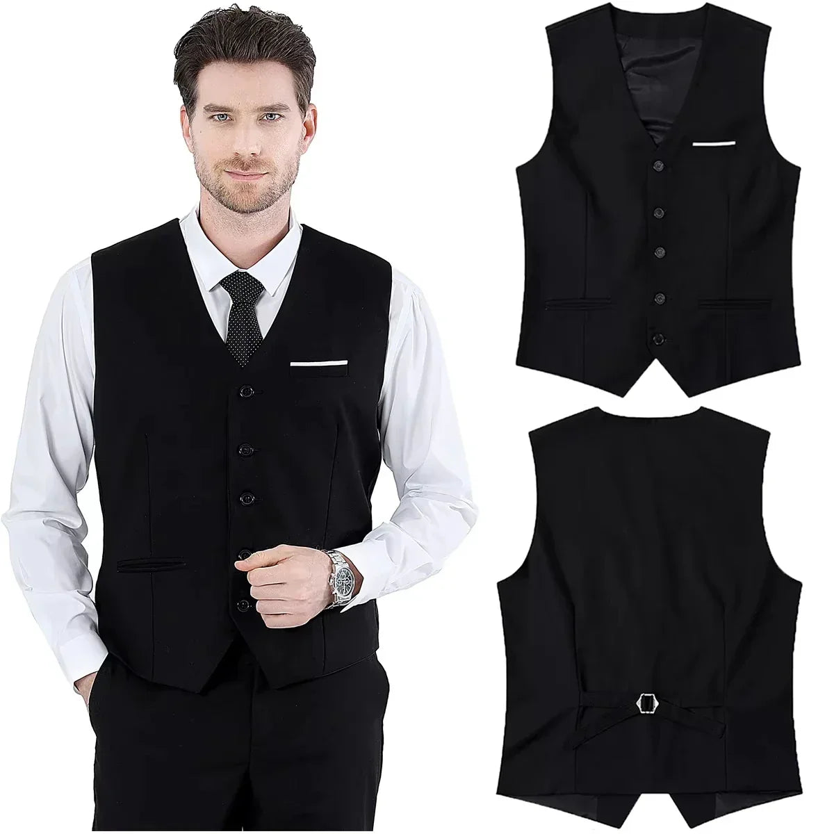 Mens Suit Vest Male Business Formal Wedding Office Birthday Party Outfit Set  Easter Church Jacket Black Waistcoat