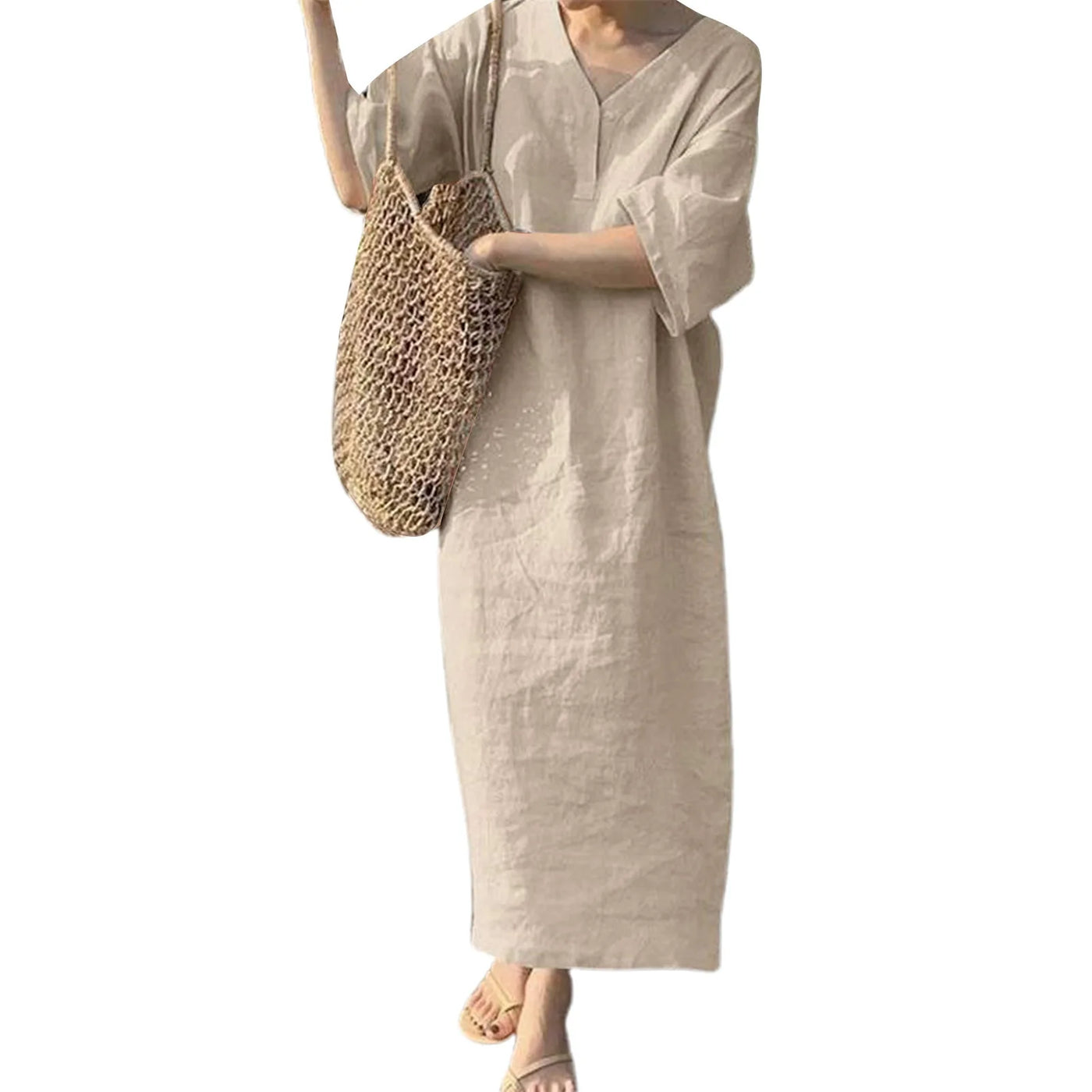 Stylish Button-breasted Dress for Women Elegant V-neck Cotton Linen Dress with Long Sleeves Button Decoration for Summer Ladies