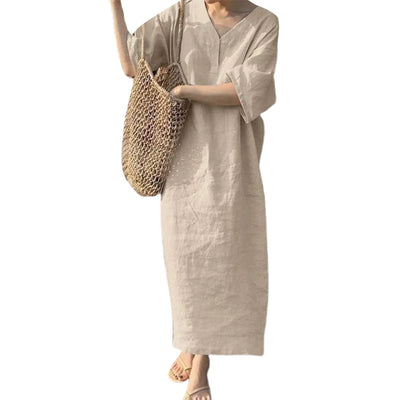 Stylish Button-breasted Dress for Women Elegant V-neck Cotton Linen Dress with Long Sleeves Button Decoration for Summer Ladies