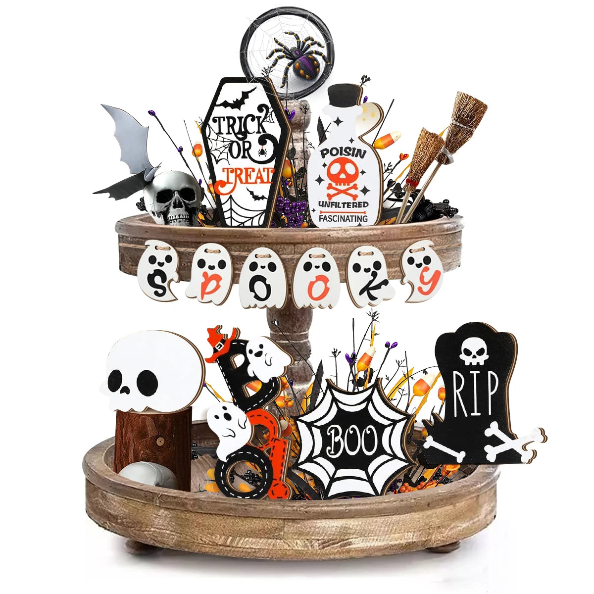 Halloween -  Wooden Tray Decorations: Spooky Skulls, Bats, Ghosts and More for Haunting Home Party Halloween Decor