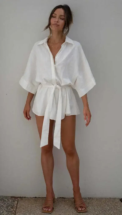 Women's Jumpsuit Spring/summer New Style With Collar Mid Sleeves Waist Strap Fashionable Loose Short Style Solid Color Jumpsuit