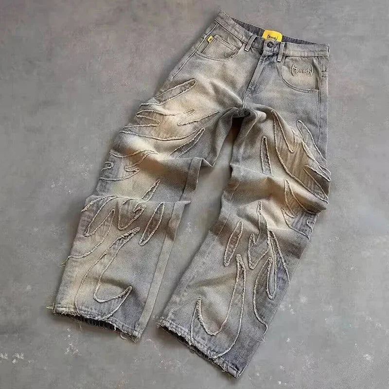Men Baggy Aesthetic Streetwear Jeans Male Retro Fashion Wide Leg Denim Pants Graphic Embroidered Designer Hip Pop Denim Trousers