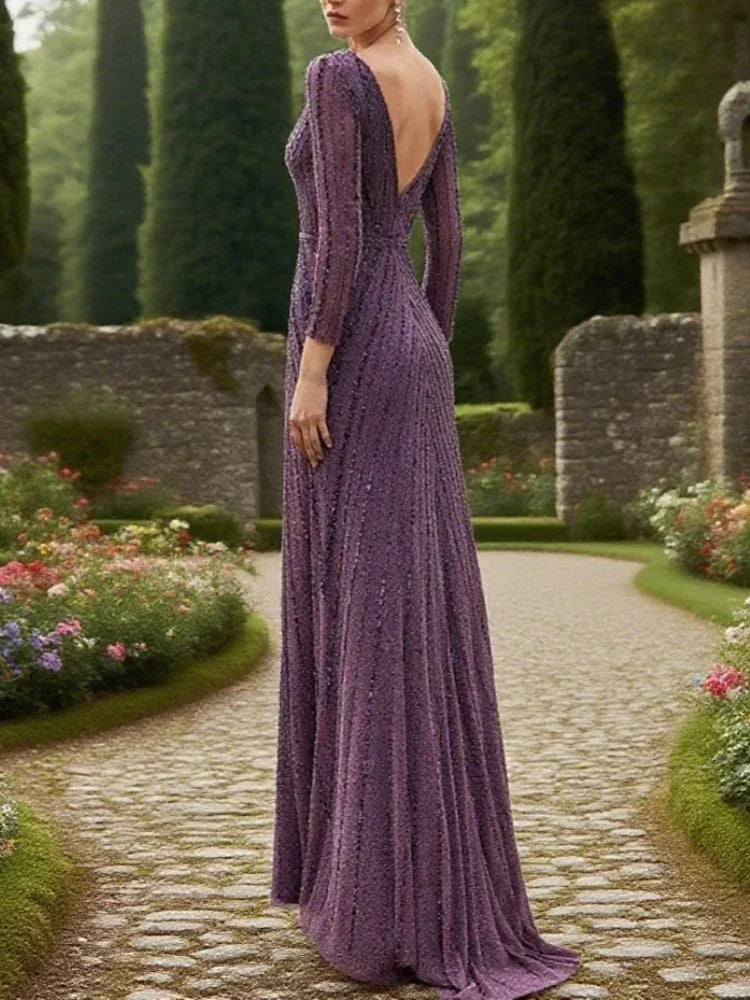 Jersey Sheath/Column Formal Evening Dress Purple O-Neck Pleat Beads Guest Wedding Party Dresses Mother of the Bride Dresses