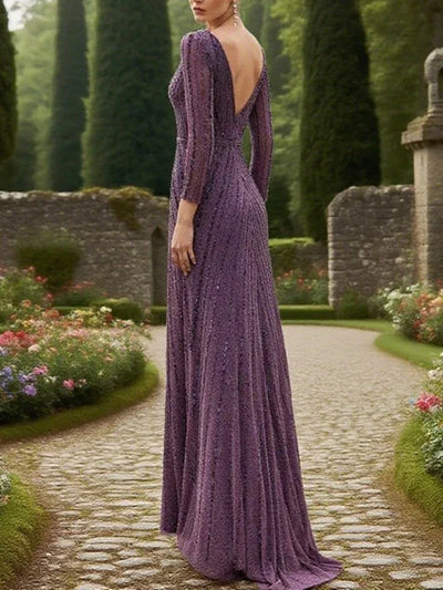 Jersey Sheath/Column Formal Evening Dress Purple O-Neck Pleat Beads Guest Wedding Party Dresses Mother of the Bride Dresses