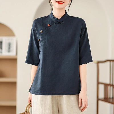 New Women's Retro Cotton Linen Short-sleeved Shirt with Diagonal Placket and Stand-up Collar Tea Top