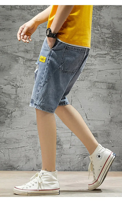 Summer Denim Shorts For Men Trendy Ripped Elastic Waist Loose Fit Casual Jeans 5 Minute Length Middle Pants
