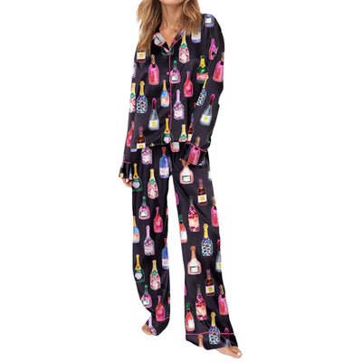 Womens Satin Pajamas Sets  2 Piece Set Champagne Bottle Wine Glasses Long Sleeve Button down Shirt Pants Satin Silk Loungewear