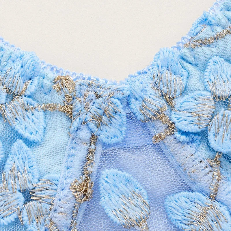 Women Blue Camisole Vest Bra Embroidery Flower Corsets Slim Fit Versatile Lady Bustier Corset Tops Sexy Mesh Back Lingerie
