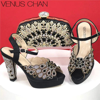 Embroidery Italian Design Pointed-Toe High-heeled Shoes and Bags Set for Women
