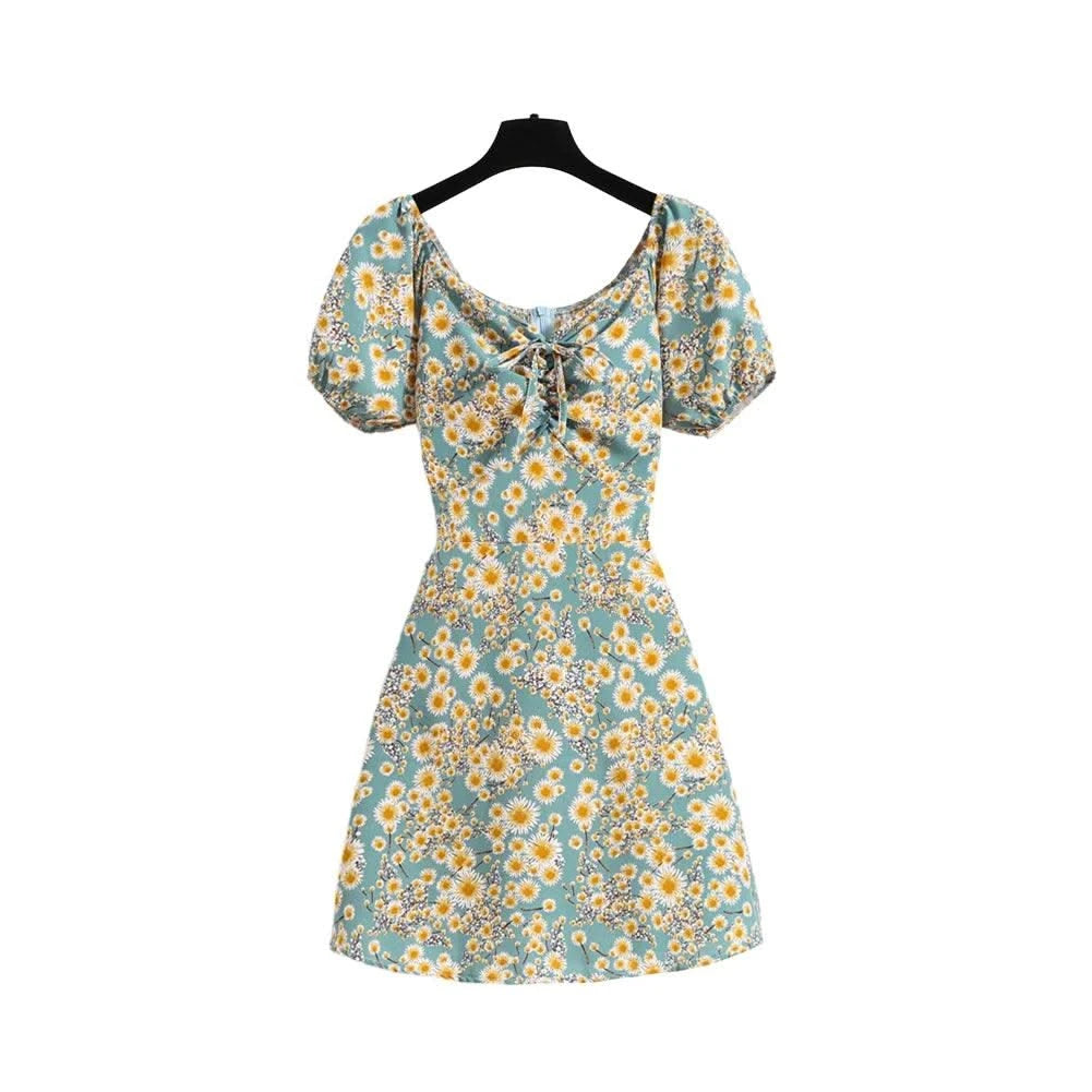 Women Mini Dresses Summer Fashion Female Vestidos Print Floral Chiffon Dresses Shirring Pleated Short Puffy Sleeve Casual Dress