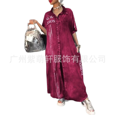 Denim Dress Women Long Dresses Letter Print Vestidos Single Breasted Turn Down Collar Distressed Maxi Gown Summer A Line