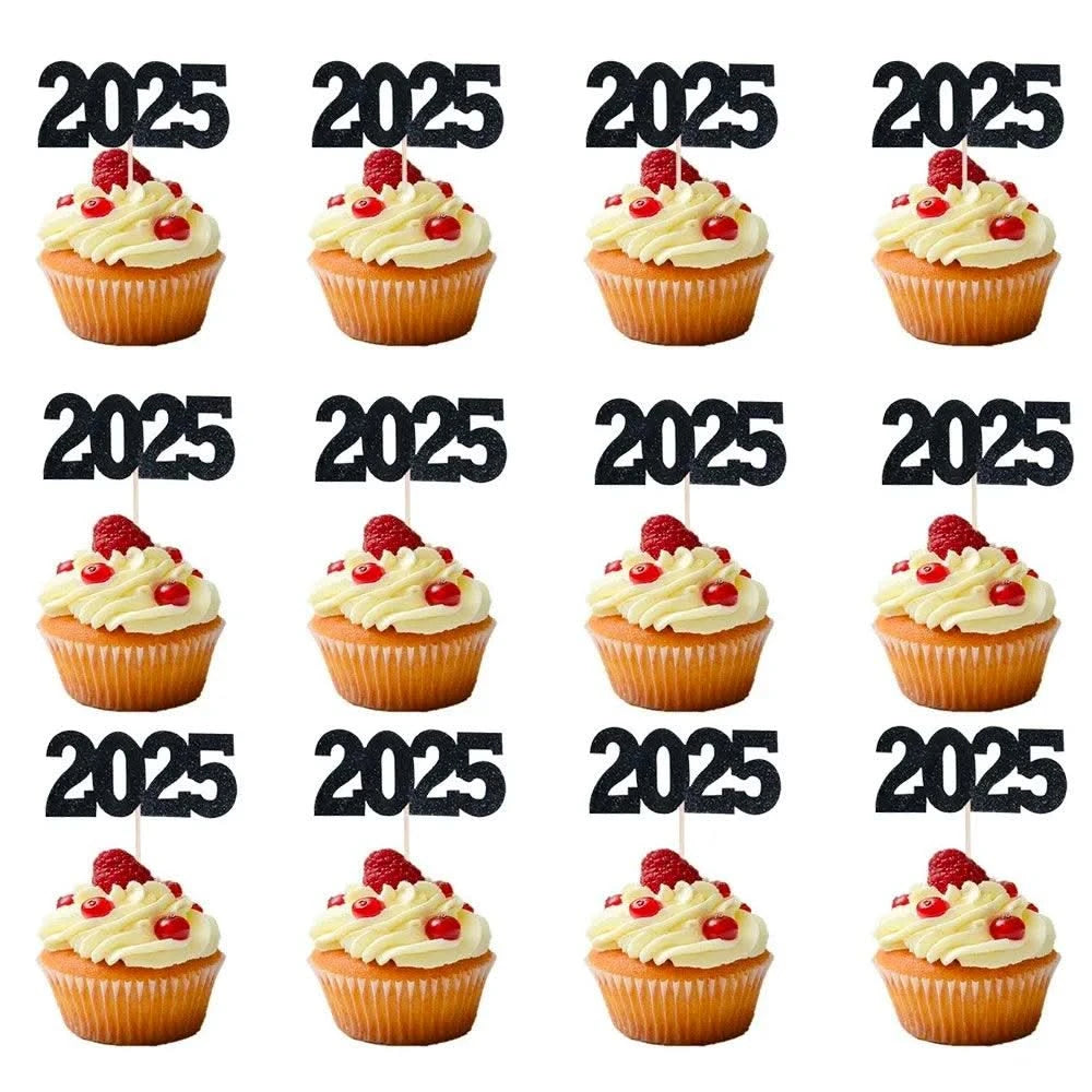 12pc Glitter 2025 Number Cupcake Toppers Happy New Year Party Cake Decoration Christmas Graduation Party Cake Toppers Home Items