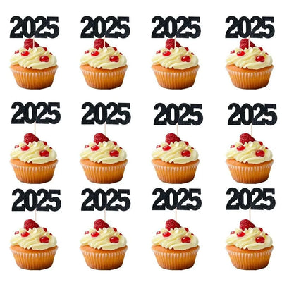 12pc Glitter 2025 Number Cupcake Toppers Happy New Year Party Cake Decoration Christmas Graduation Party Cake Toppers Home Items