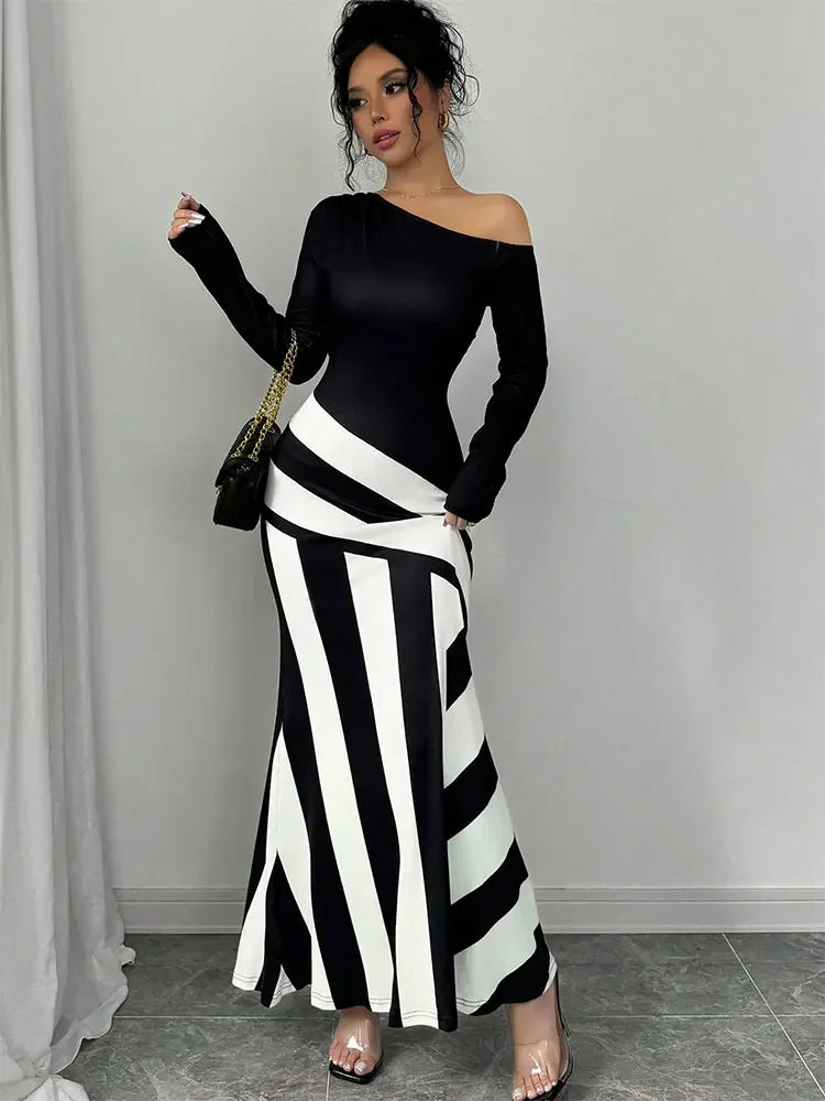 New Women Maxi Dresses Autumn Streetwear Fashion Black White Patchwork Casual Slim Dresses Elegant Female Knitted Dress Clothing