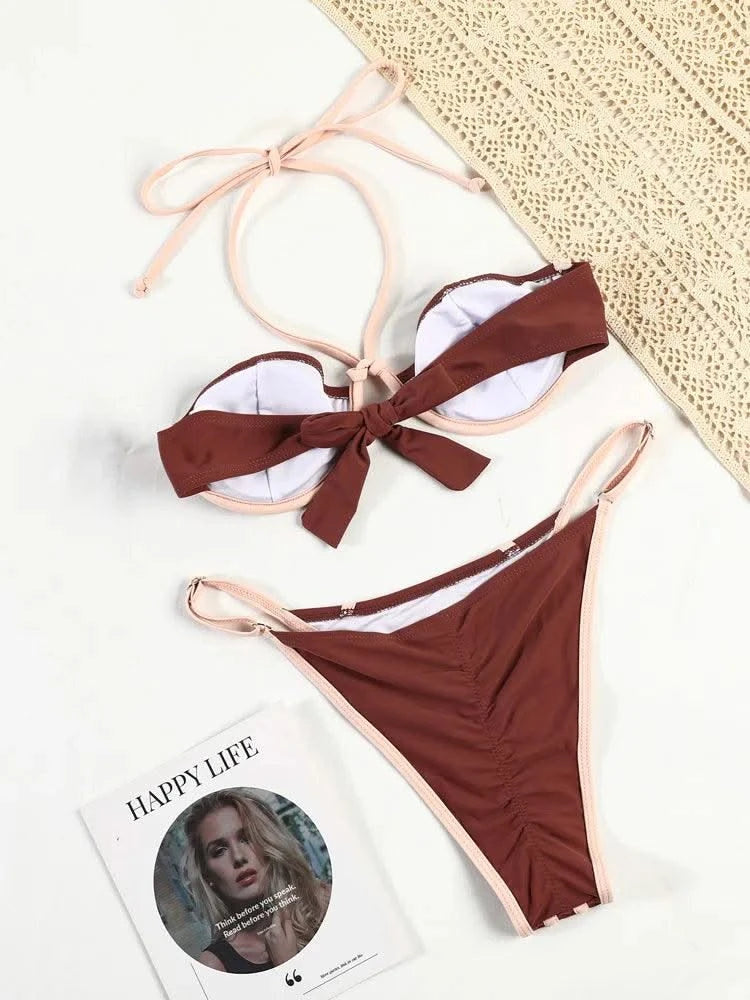 Sexy Bikinis Cup Swimsuit Print Biquinis Feminino Swimwear Bow String Bikini Sets Micro Bathing Suit Women Beachwear Summer