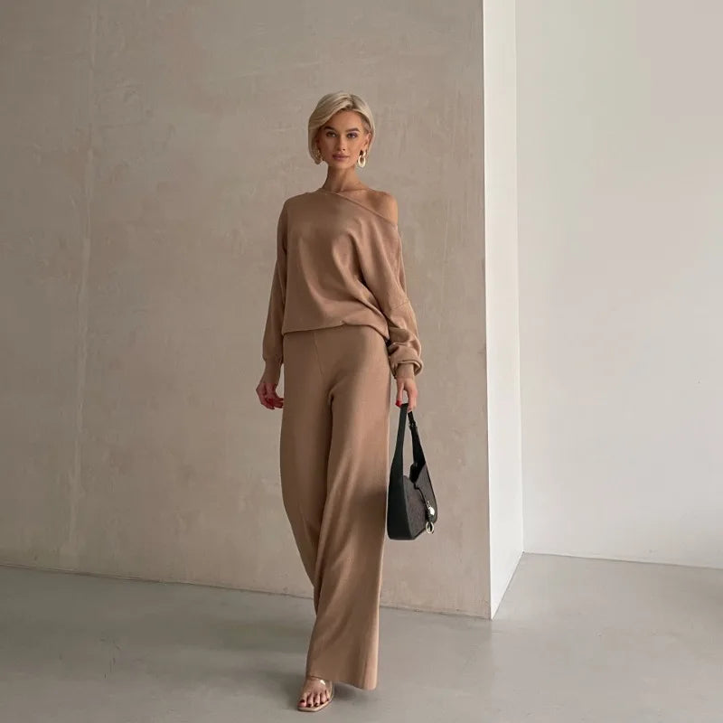 Elegant Loungewear Knitted 2 Piece Set Knit Pants and Sweater Suit Women Casual Winter Knitted Two Piece Sets Women 2024