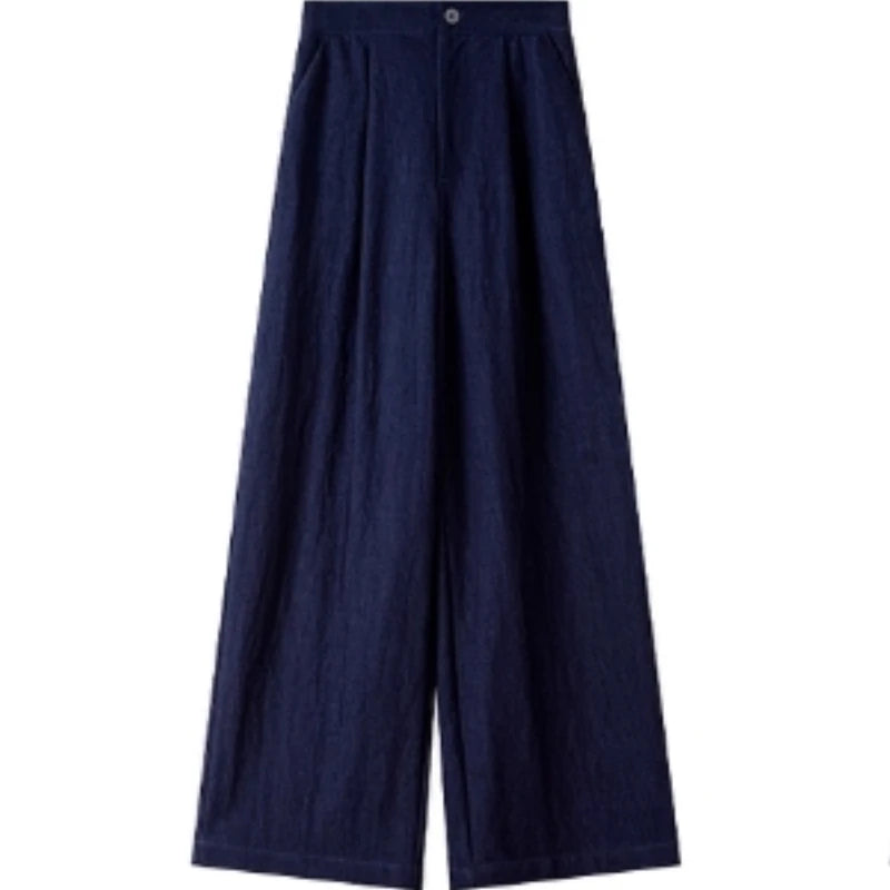 VIMLY Navy Blue Denim Suit Women's 2025 Autumn Outfits Vintage Lace Polo Collar Shirt Wide Legs Pants Ladies 2 Piece Sets A2526